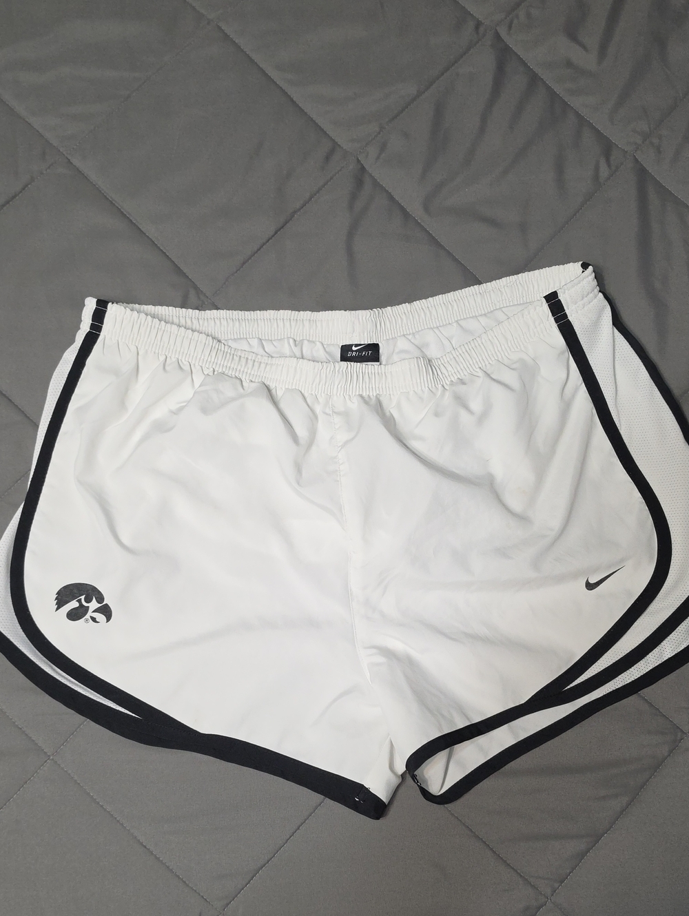 Nike Womens White Athletic Shorts with Black Trim and Swoosh, Iowa Hawkeyes